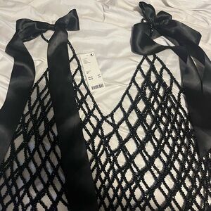 Urban Outfitters Black Beaded Net Tie-Strap Tank Top